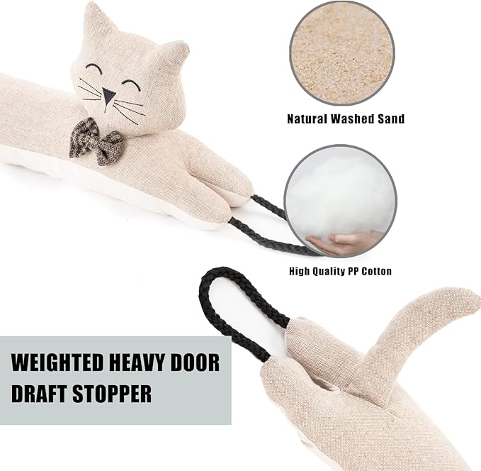 Marwood Under Door Draft Stopper Decorative Wind Stopper 32 inch for Door & Window, Weighted Animal Air Draft Stopper Snake Noise Blocker for Bottom of Door with Hanging Loops - Khaki Cat