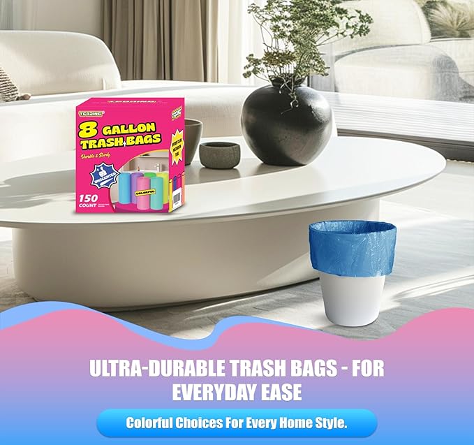 8 Gallon Trash Bags Colored - 150 Count Medium Garbage Bags Unscented, 30 Liter Thick Trash Can Liners, Plastic Wastebasket Liners for Home Kitchen Bathroom