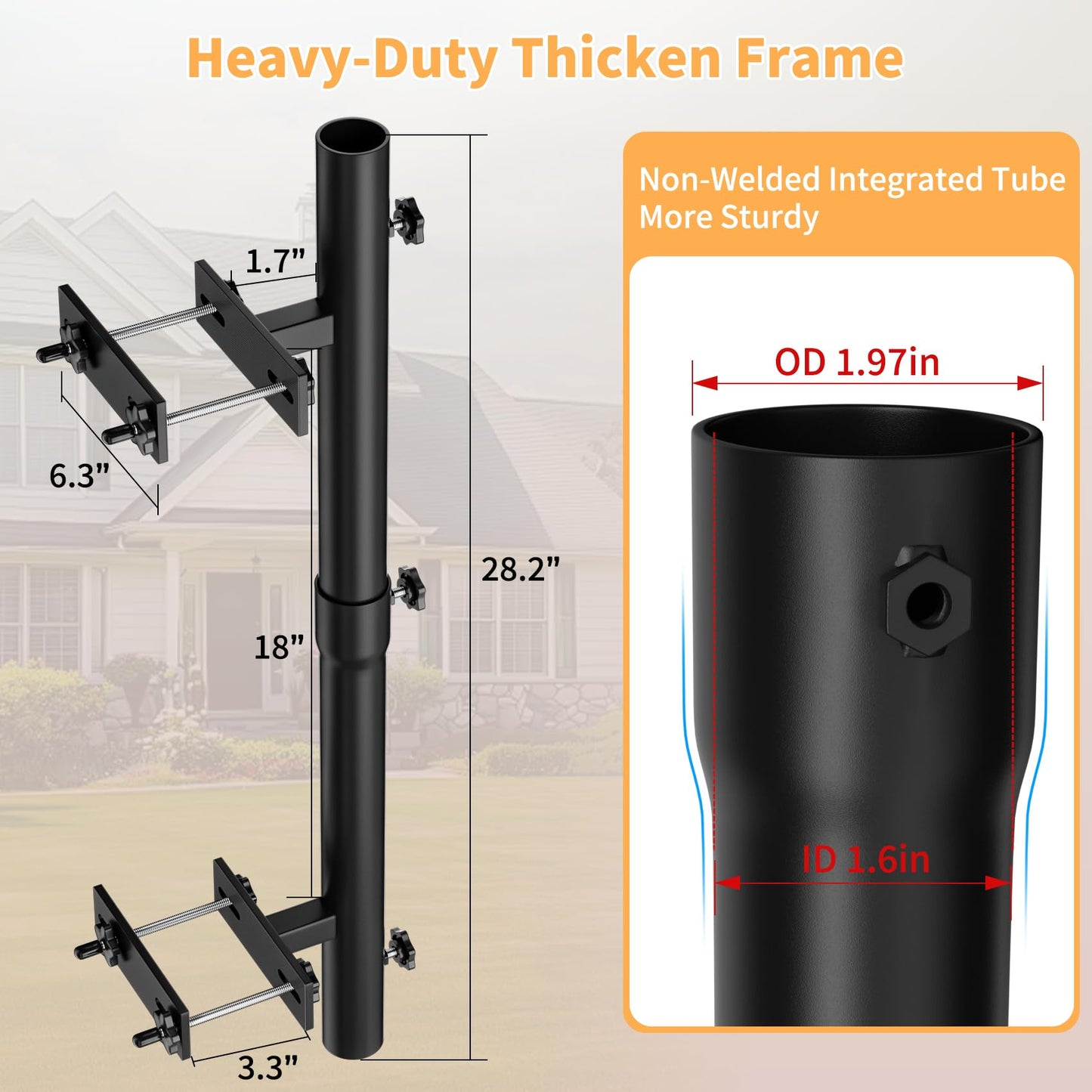 Heavy-Duty Patio Umbrella Holder for Deck Railing - Stainless Steel Windproof Outdoor Patio Umbrella Base and Mount Brackets Attachable to Railing, Fits Pole ≤1.6'' & Post <3.3" - Space Saving, Black