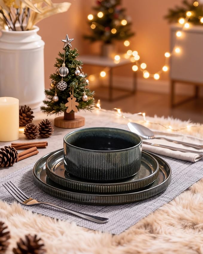 Famiware Star Dinnerware Set, Plates and Bowls Sets for 4 (12pcs), Ribbed Stoneware Dishes - Chip & Scratch Resistant, Microwave & Dishwasher Safe, Deep Forest