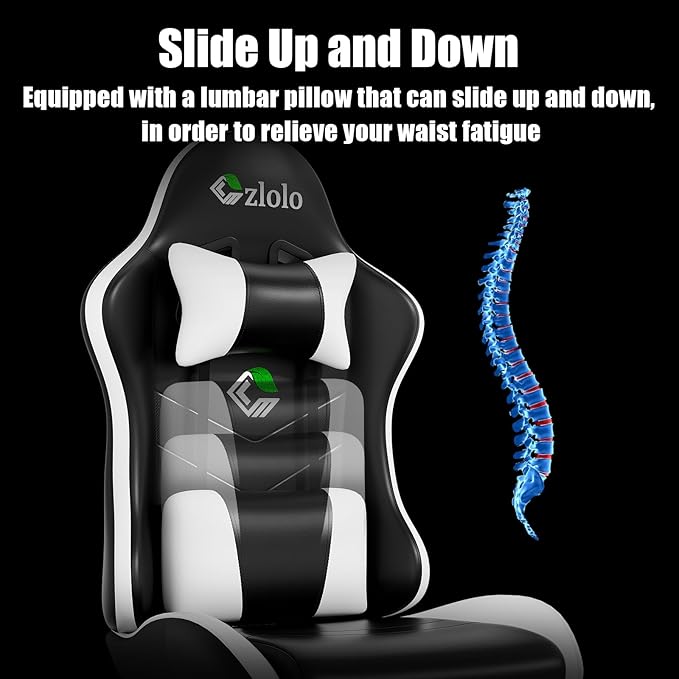 Gaming Chair with Footrest Racing Style Lumbar Support Massager Video Game Chair with Metal Legs, High Back Gamer Chair with Headrest, 360° Swivel Office Computer Desk Chair, Cool White