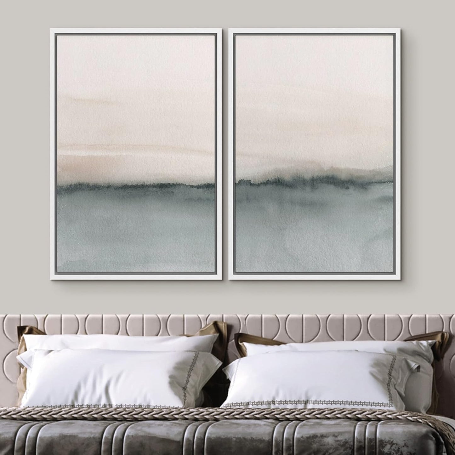 SIGNWIN Framed Canvas Print Wall Art Set Duotone Gray Pastel Landscape Abstract Shapes Illustration Modern Art Decorative Nordic Chic Relax/Zen for Living Room, Bedroom, Office - 24"x36"x2 White