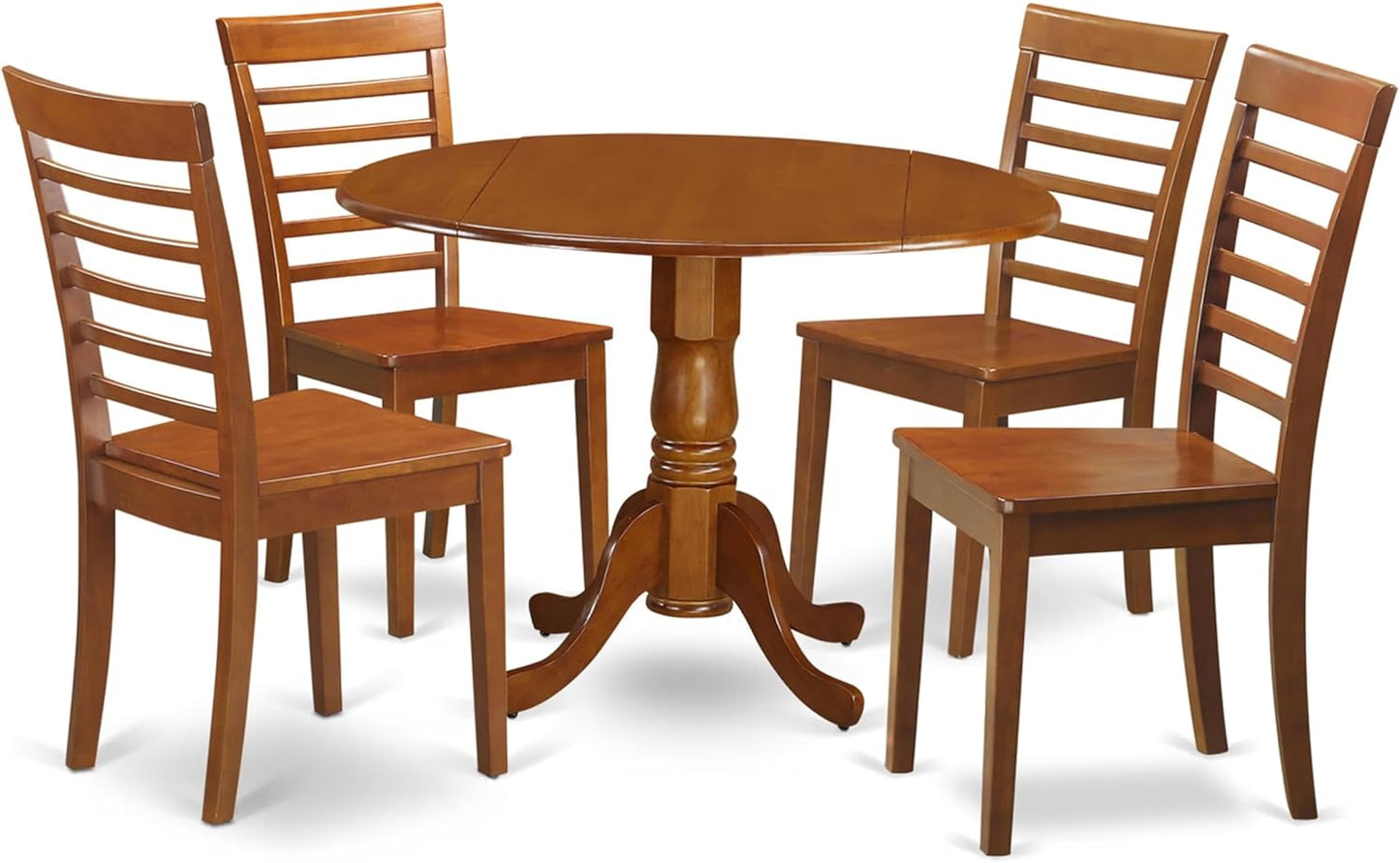 East West Furniture DLML5-SBR-W 5 Piece Kitchen Table & Chairs Set Includes a Round Dining Table with Dropleaf and 4 Dining Room Chairs, 42x42 Inch, Saddle Brown