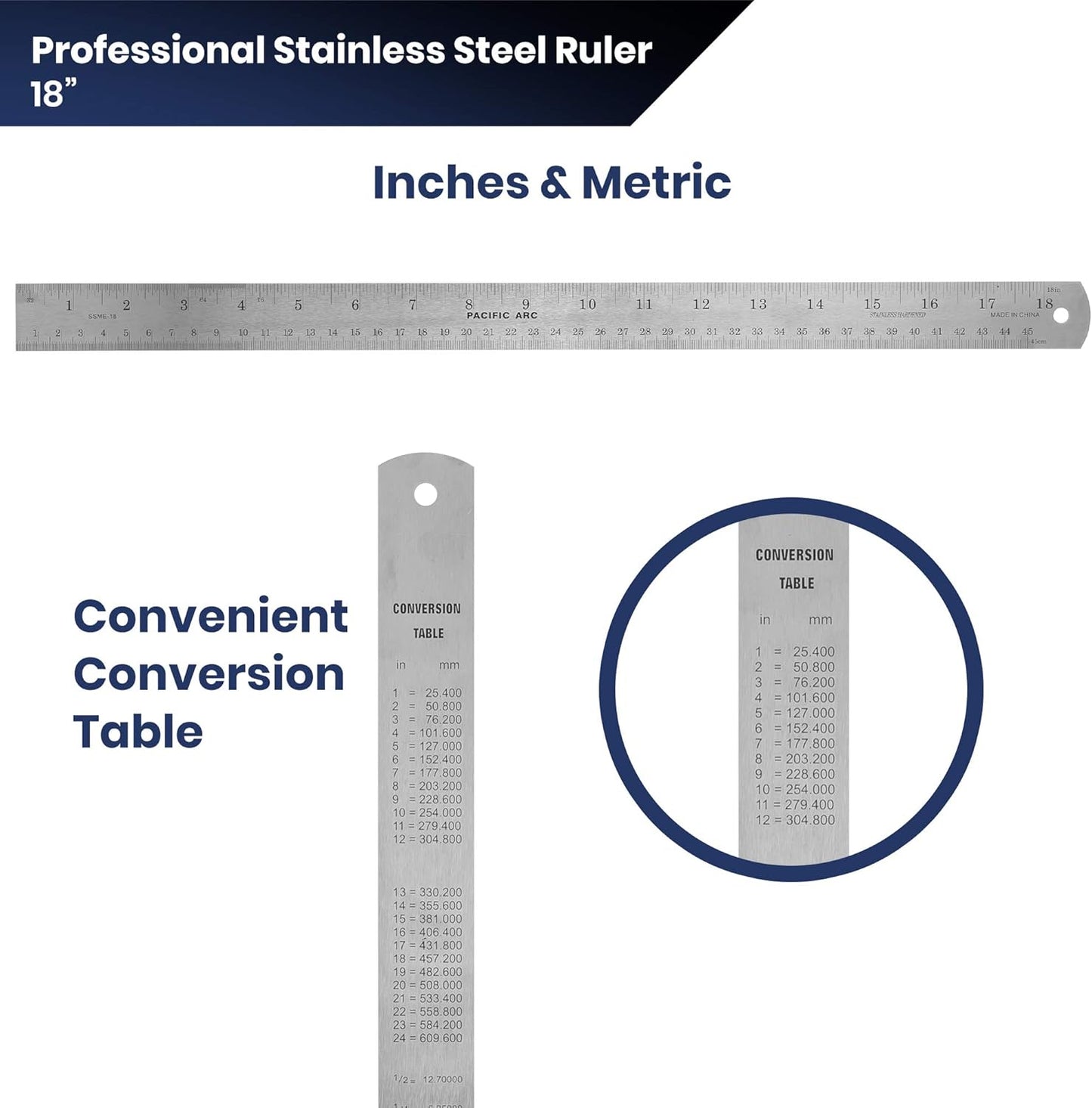 Pacific Arc 18 Inch Stainless Steel Ruler with Inch/Metric Conversion Table