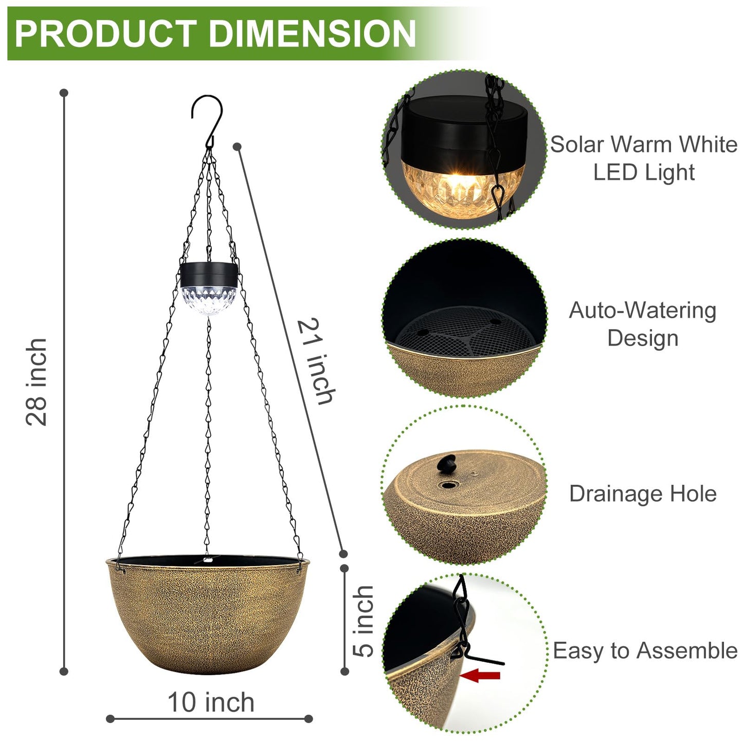 BAYN 2 Packs Solar Hanging Basket Planters for Plants Outdoor, Self Watering Copper Flower Plants Pots with Solar Light Drainer for Balcony Patio Garden Outdoor Decoration