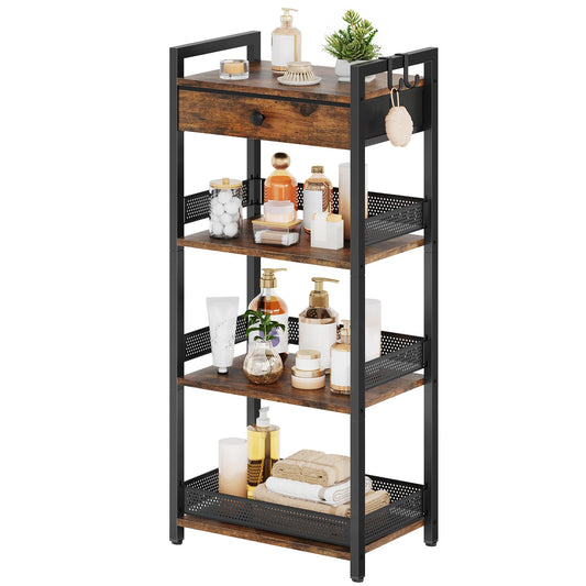 FAVOOSTY 4 Tier Ladder Shelf Stand, Bookshelf with Drawer Storage, Decorative Display Shelves Wood & Metal, Plant Shelf, Standing Shelf Unit for Living Room Bedroom Office Kitchen, Rustic Brown