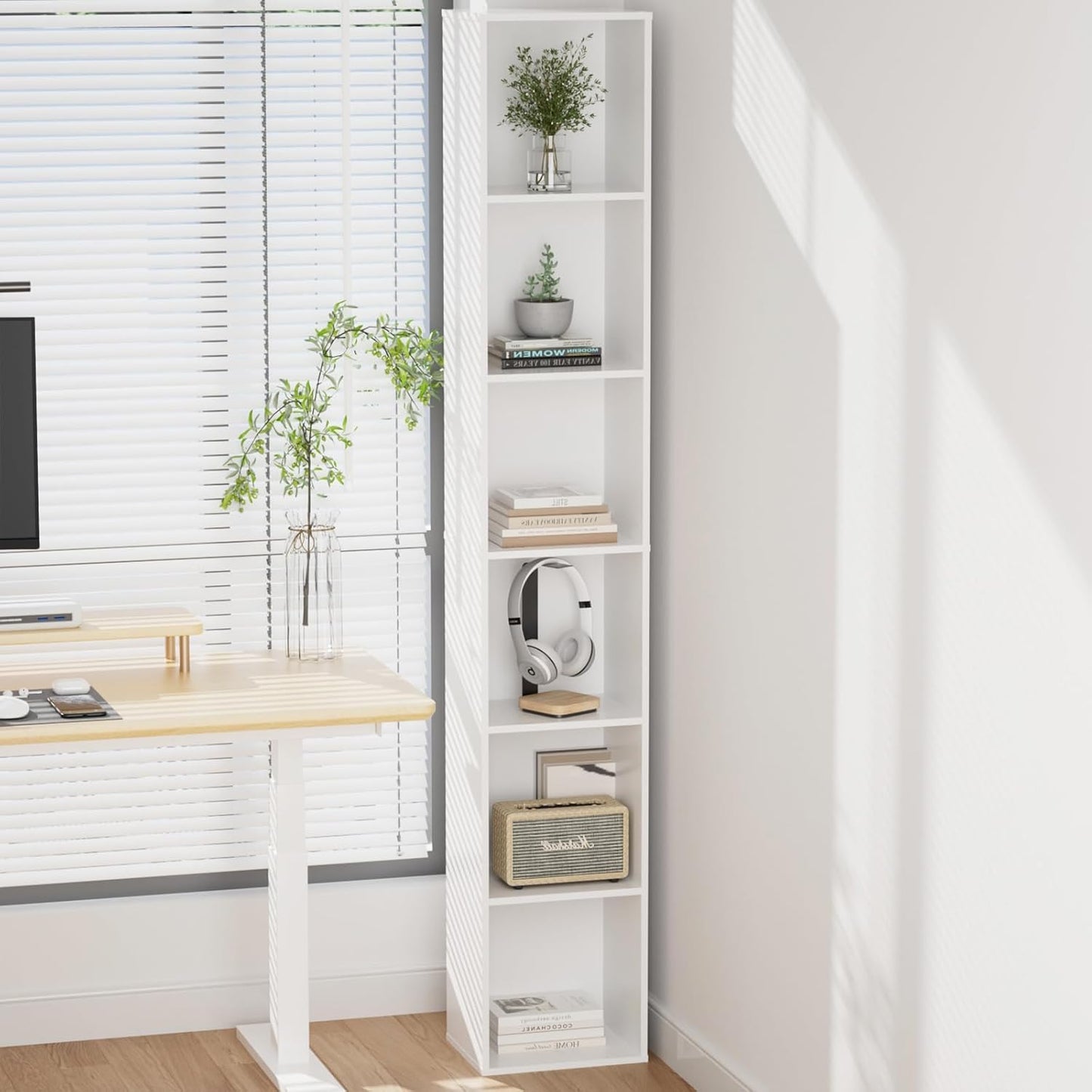 Tall Narrow Bookshelf 6-Tier Bookcase,70.5" Skinny Thin Corner Shelf Slim Storage Cabinet,Wood DVD CD Media Cube Organizer Tower Rack for Small Spaces, Bedroom, Living Room, Office,White