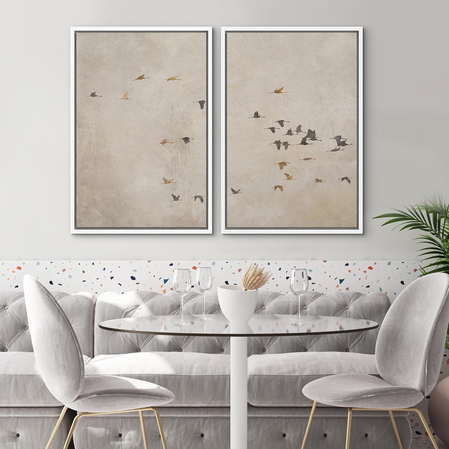 SIGNWIN Framed Canvas Print Wall Art Set Flying Birds Silhouette Minimalist Beige Illustrations Modern Minimal Decorative for Living Room, Bedroom, Office - 16"x24"x2 White