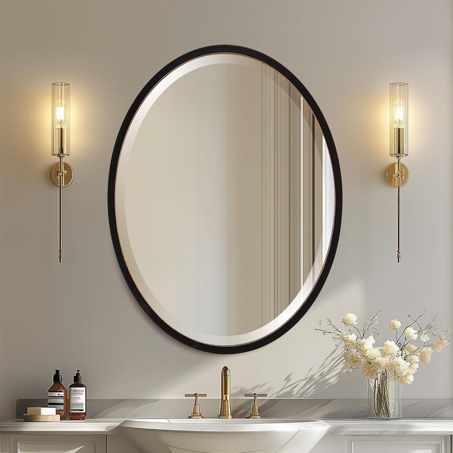 OVALCREST - Oval Wooden Beveled Wall Mirror for Home Decor, Bathroom, Vanity, Bedroom, Living Room, Hallway - London Style (Rubbed Black) 21.1 x 25.1