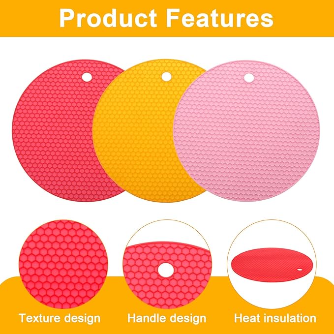 uxcell 3pcs Silicone Jar Opener Pads, 17.5cm/7" Texture Can Opener Multipurpose Round Bottle Lid Opener Non-Slip Coasters for Weak Hands Seniors Children, Pink, Orange, Red