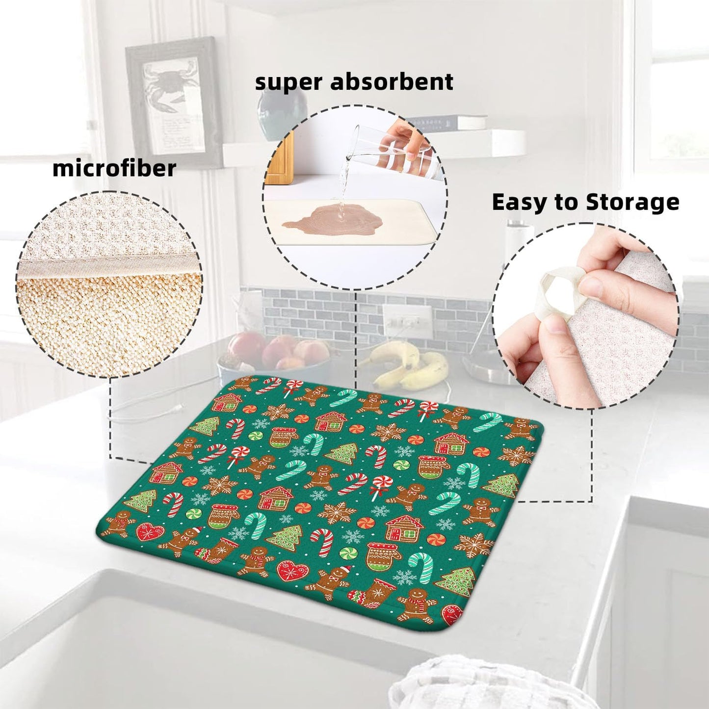 Green Christmas Drying Mat for Kitchen Counter 18" X 24" Christmas Dish Drying Mat for Kitchen Decor Candy Xmas Drying Mats For Home Counter Drying Mats For Dishes Dish Mat Drying Mat