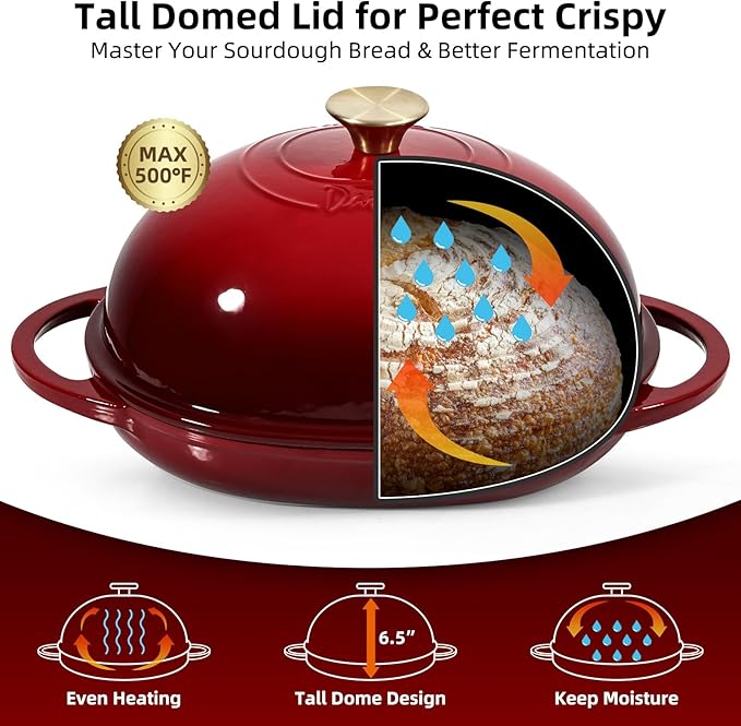 Davivy 6QT Oval Bread Dutch Oven with Silicone Baking Mat, Enameled Cast Iron Dutch Oven for Sourdough Bread Baking 6QT, Cast Iron Sourdough Bread Pan with Domed Lid - Ruby Red
