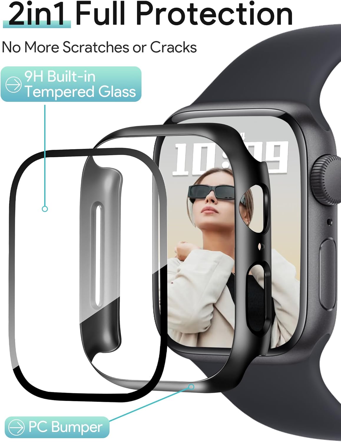 JR.DM 41mm 2 Pack Hard PC Case with HD Tempered Glass Screen Protector for Apple Watch Series 9/8/7, Slim Guard Bumper Full Coverage Protective Anti-Scratch Face Cover for iWatch, Black+ Black