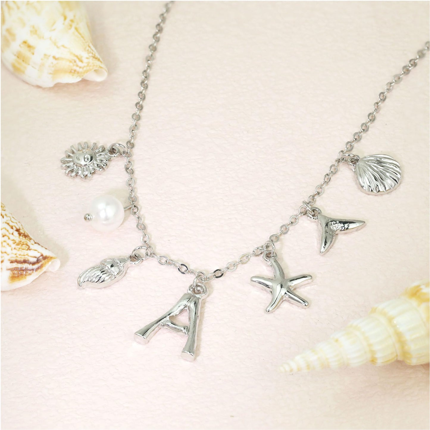 JALZEMPL Initial Charm Necklace For Women Seashell Shell Letter Boho Summer Beach Starfish 14k Gold Plated Silver Pendant Surfer Jewelry Gifts (C,Silver)