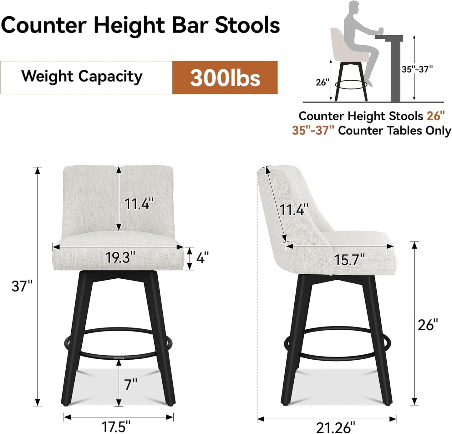Counter Height Bar Stools Set of 4, Modern Swivel Barstools with Back and Wood Legs, Linen Fabric Upholstered Bar Chairs, 26" H Kitchen Counter Stools, Kitchen Island Home Bar, Ivory