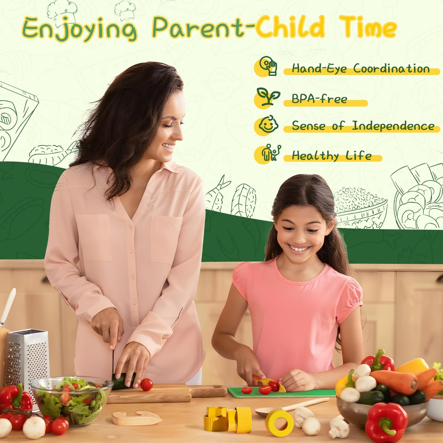 Lullulii Montessori Kitchen Tools for Toddlers,Kids Knife for Real Cooking,Toddlers Knife Set with Storage Box Kids Safe Knives Children Cutting Set for Girl Boy,Montessori Toys for Kitchen Set -Green