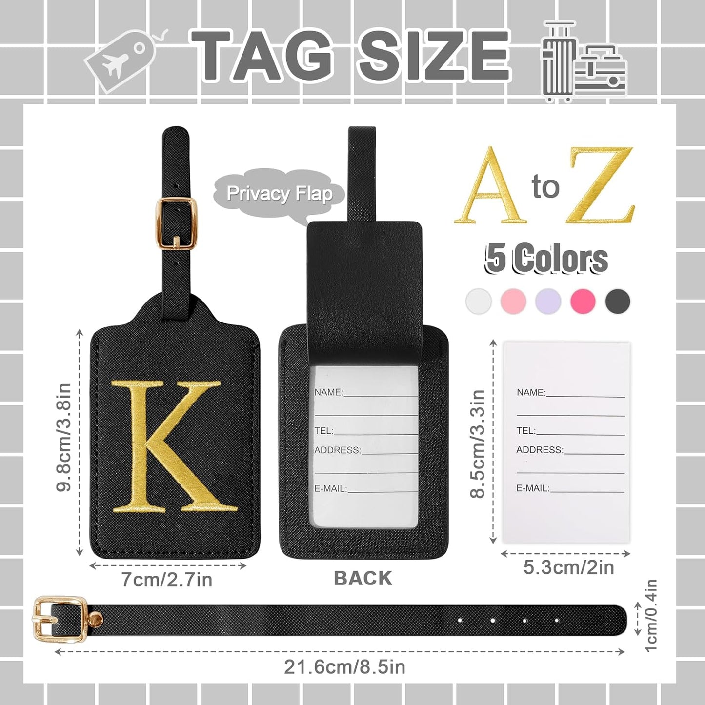 Personalized Initial Luggage Tags for Suitcase TSA Approved, Black Leather Cute Luggage Tag with Privacy Cover Name Card, Embroidered Custom Luggage Tags Travel Backpack Tags Gifts for Women Kids(K)