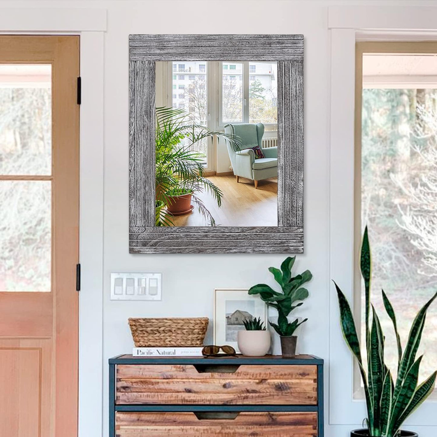Large Wall Mirror Farmhouse Vintage Rustic Wood Framed Rectangular Mirror Decorative Dressing Table Entrance Bedroom Bathroom Mirror 26"x18"