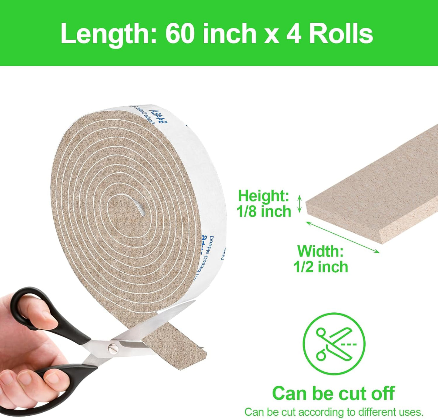 Felt Strips with Adhesive Backing, Adhesive Felt Strips, 4 Felt Rolls Pack 1/2x 60 Inches, Beige Felt Tape