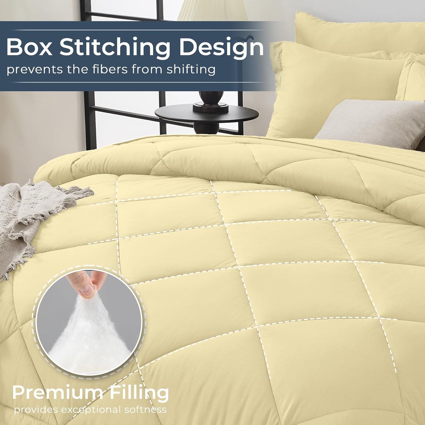 HEVUMYI Cream Yellow Queen Comforter Set - 7-Piece All Season Bed in a Bag Queen, Ultra Soft Bedding Set with Comforter, Flat Sheet, Fitted Sheet, Pillowcases, Pillow Shams