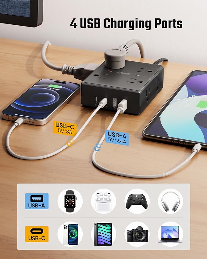 20Ft Long Extension Cord, Flat Plug Power Strip Surge Protector, 8 Outlet 4 USB Ports (2 USB C), Wall Mountable, Desk Charging Station for Home Office, College Dorm Room Essentials (Black)