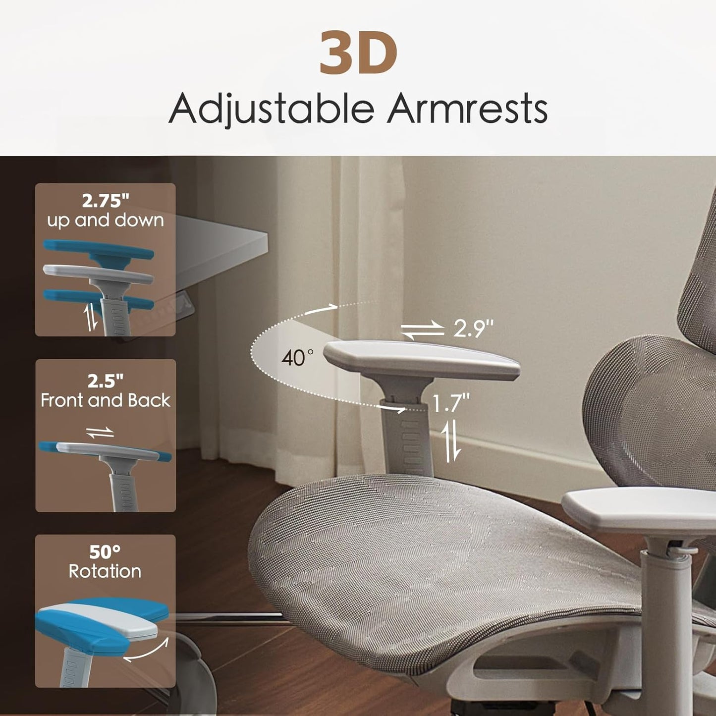 Ergonomic Mesh Office & Gaming Chair with Footrest, High Back Home Office Desk Chair, Comfortable Lumbar Support, 130° Tilt, Adjustable 3D Armrest & 2D Headrest (Grey)