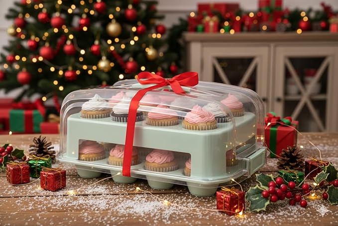 Cupcake Carrier, EXTRA TALL LID, Green Cupcake Holder Carries 24 Standard-Size Cupcakes, Muffin Traveler Two Tier Stand Reusable Cupcake Box