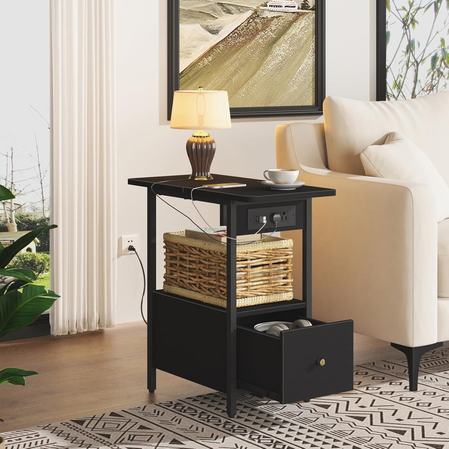 LIDYUK End Table with Charging Station, Narrow Side Table with Drawer and USB Ports & Power Outlets, Nightstand Bedside Tables for Small Spaces, Bedroom, Living Room, Black, Set of 2