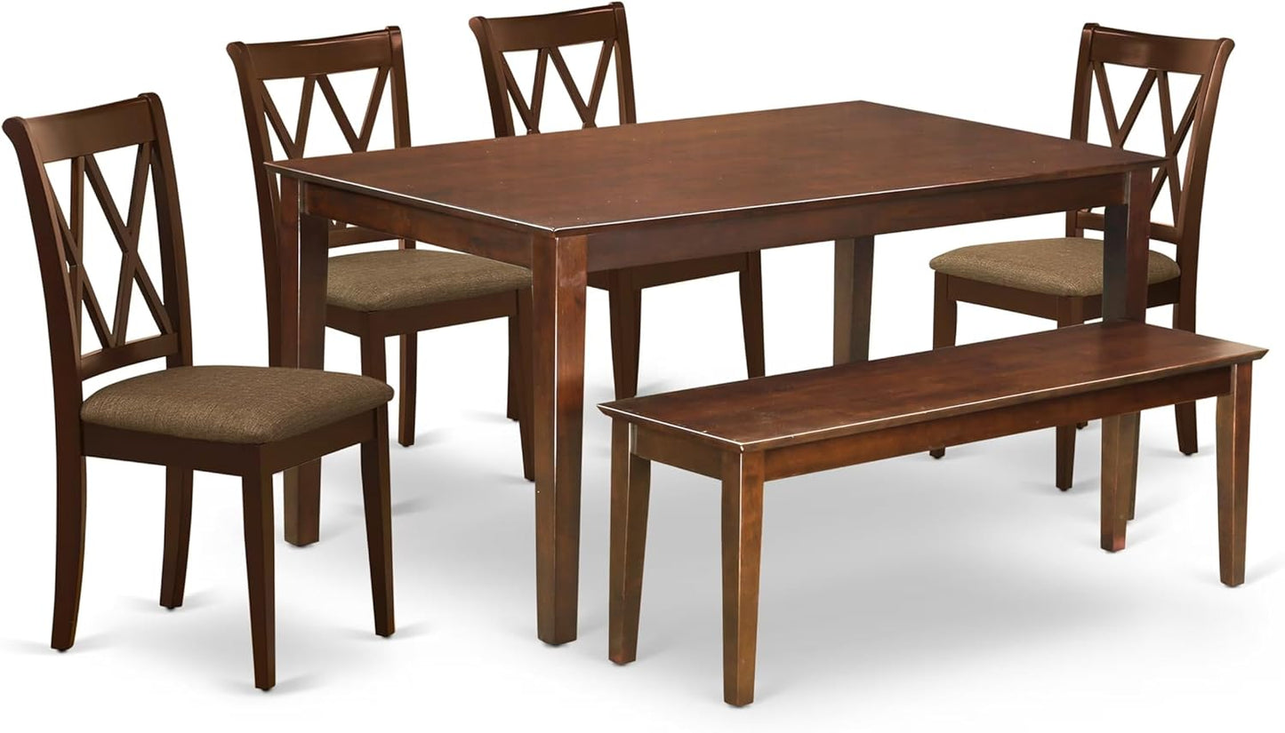 East West Furniture DUCL6-MAH-C 6 Piece Kitchen Table & Chairs Set Contains a Rectangle Dining Room Table and 4 Linen Fabric Dining Chairs with a Bench, 36x60 Inch, Mahogany