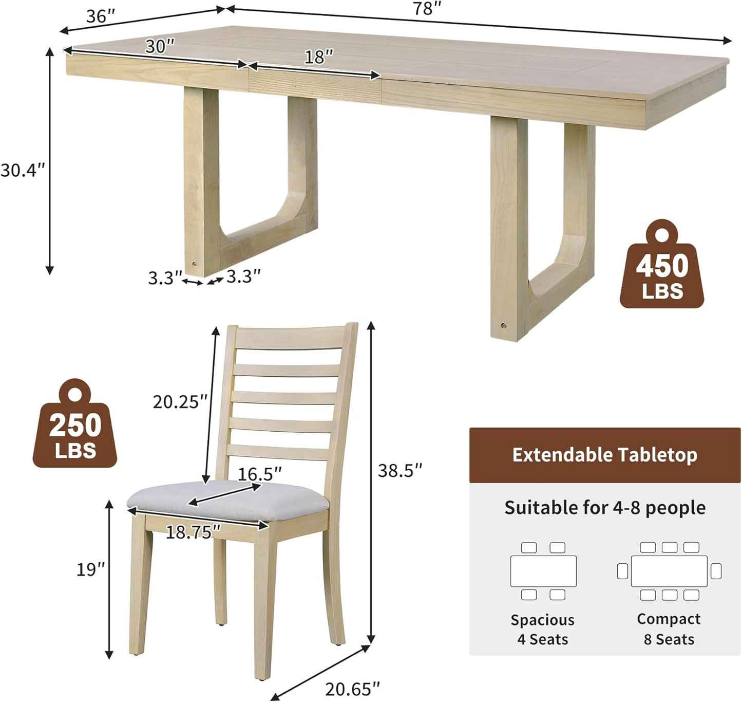 Merax 7 Piece Extendable Wooden Dining Table Set, Farmhouse Extendable with 18" Move Leaf, 78" Rustic and 6 Upholstered Chairs for Kitchen Room, Natural