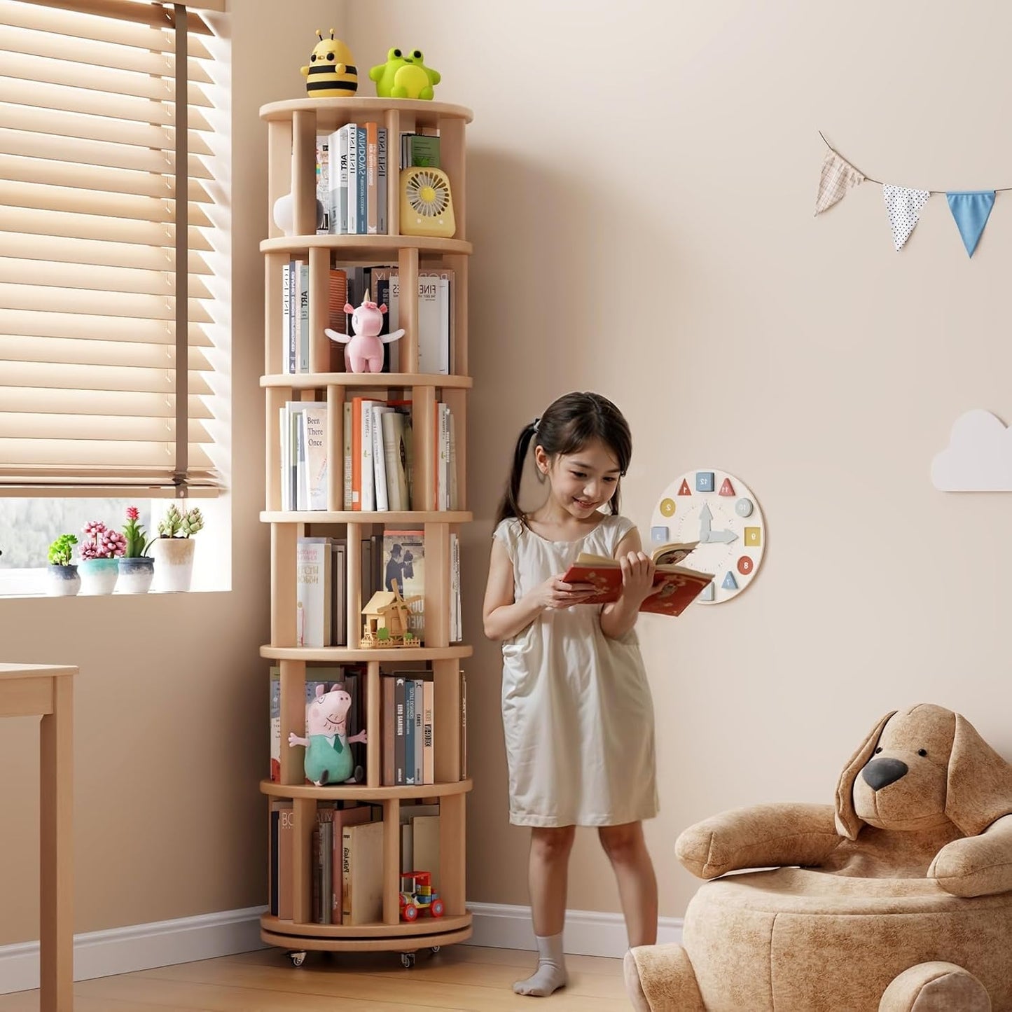 Solid Wood Rotating Bookshelf on Wheels, 6 Tier, Round Revolving Bookcase, 360° Spinning Book Shelf Tower for Kids, Narrow Rolling Bookshelves for Small Space, Corner, Bedroom, Office, Natural