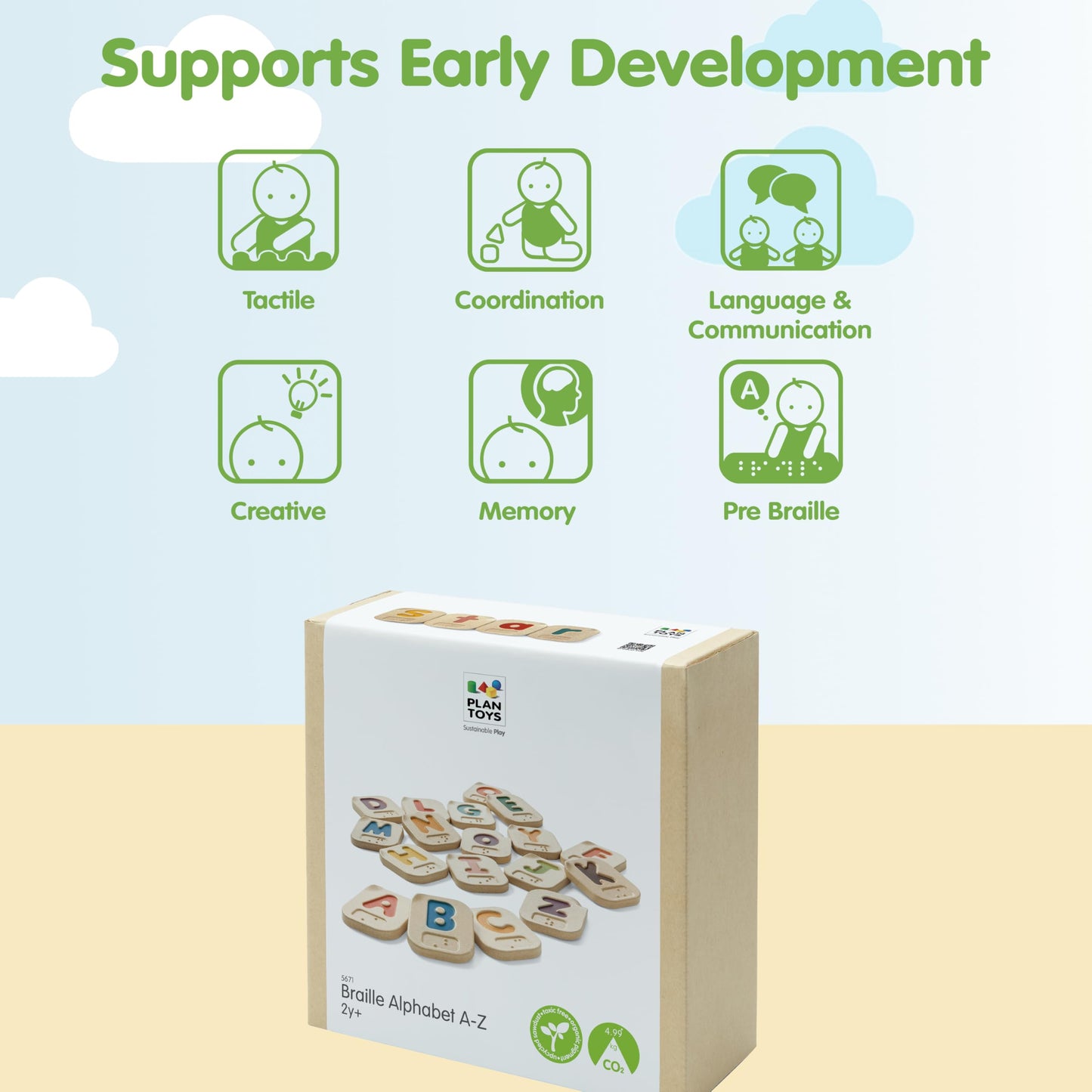 PlanToys Braille Alphabet A-Z Braille-Reading Alphabet Learning Toys - 26 Sustainably-Made Traceable Wooden Tiles with Upper and Lower Case Letters and Braille