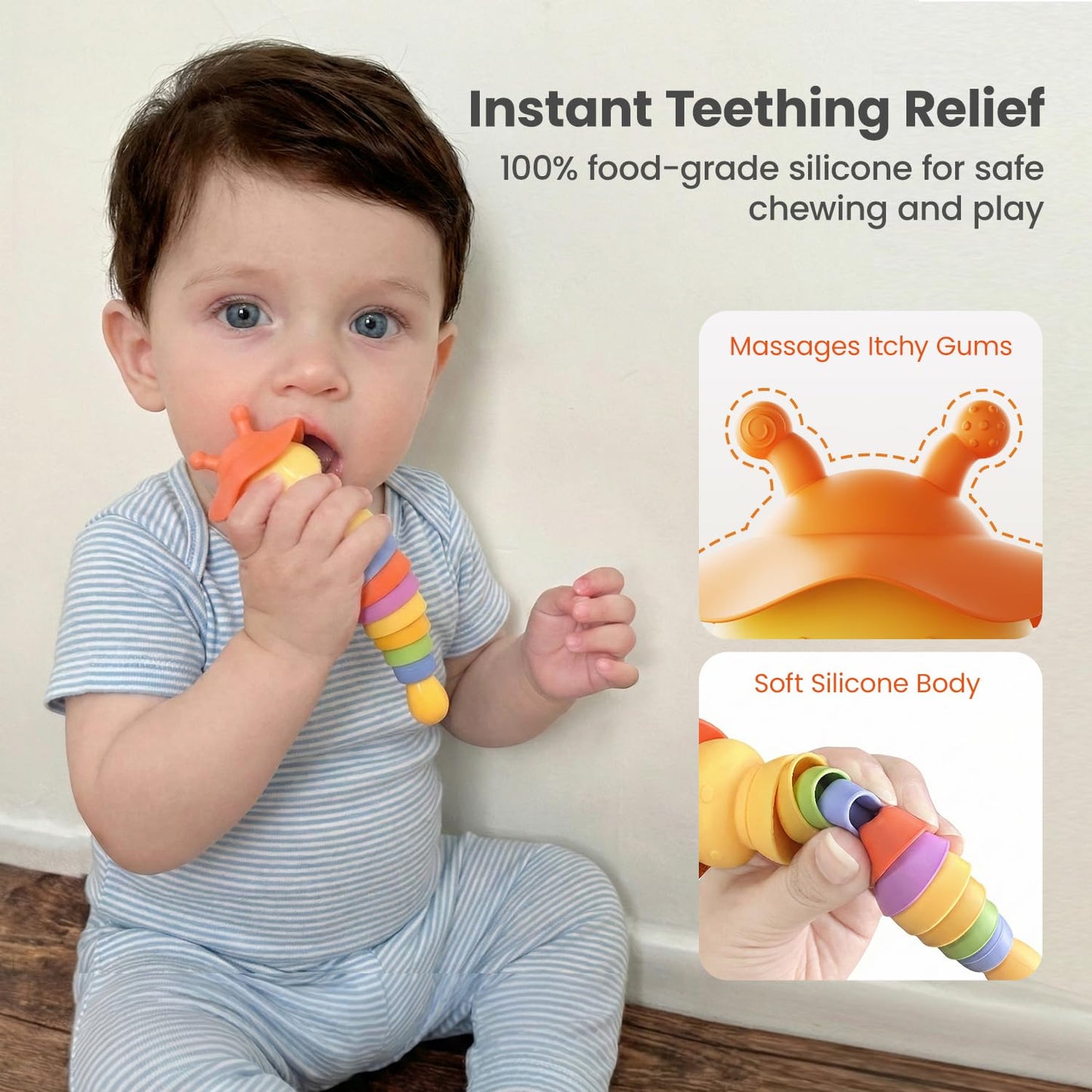 Wishbird Baby Teething Toy, Caterpillar Silicone Baby Teether Rattle Toys, BPA-Free Sensory Development & Color Recognition Learning for 0 6 10 12 18 Babies Toddler Teething Relief LC1