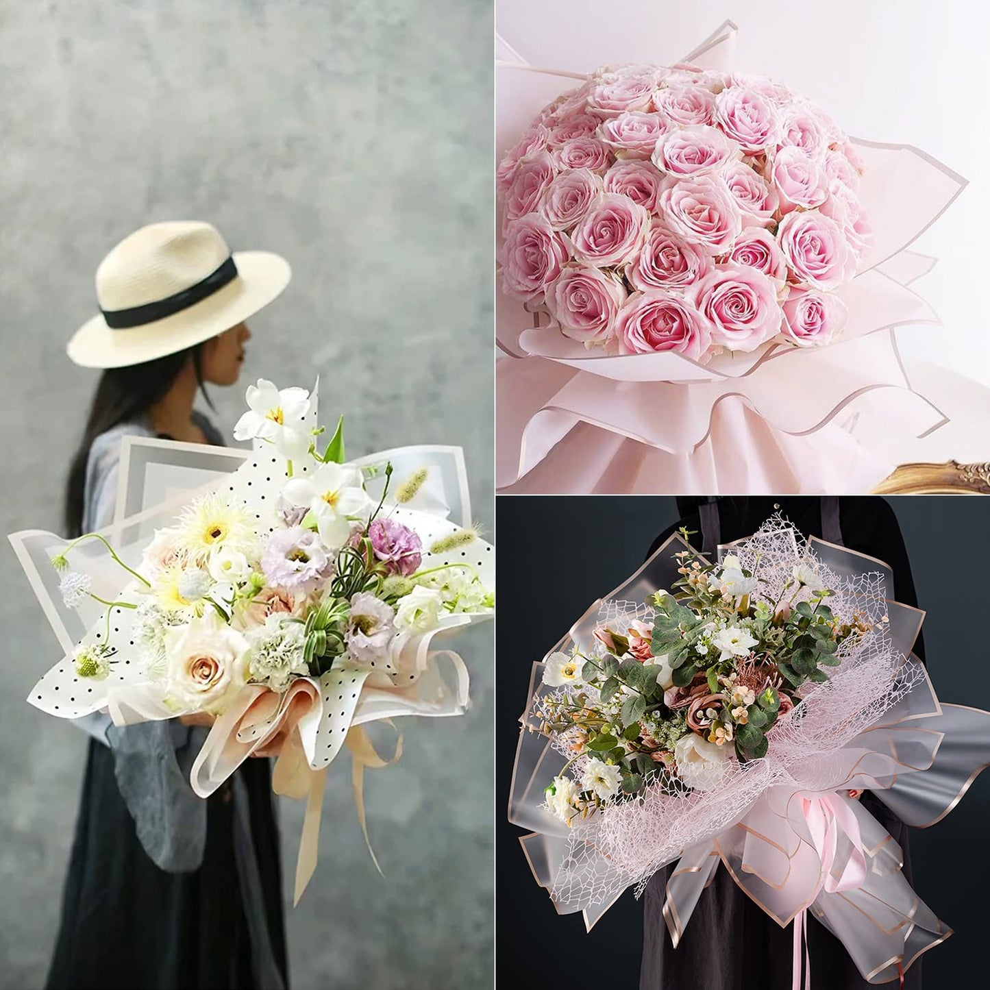 CCINEE 40 Sheets Flower Wrapping Paper, Translucent Gold Edge Waterproof Florist Packaging Paper Gift Box Packaging and 50 Yards Satin Ribbon for Wedding Engagement Bouquet Supplies (Pink Series)