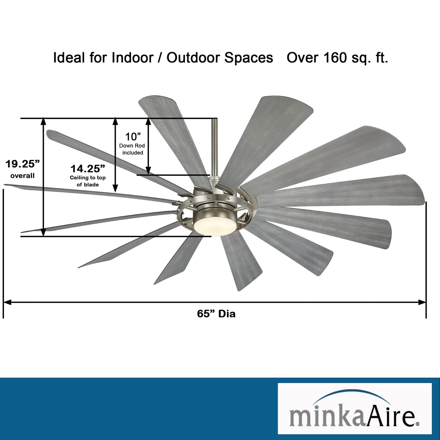 Minka Aire F870L-Bs Windmolen 65 Outdoor Ceiling Fan With Led Light And Remote Control, Brushed Steel