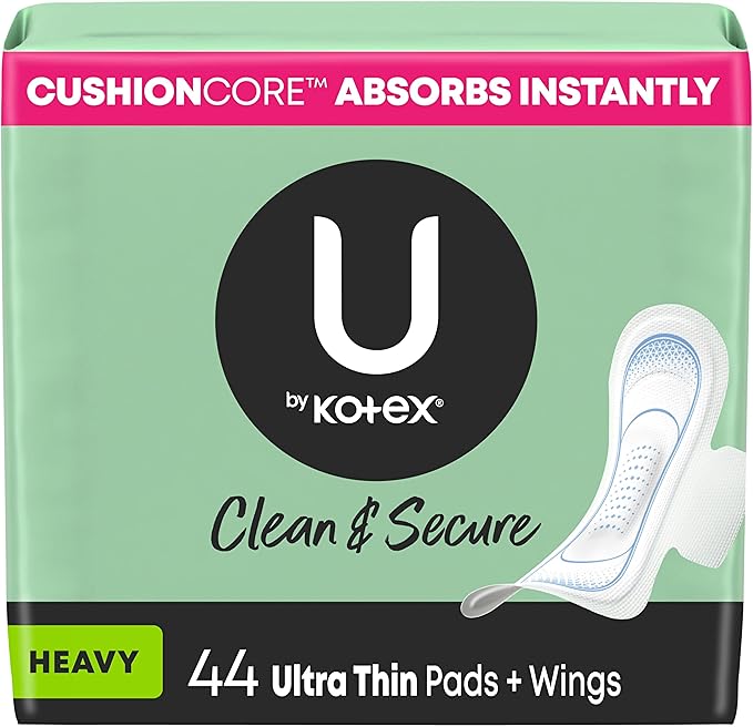 U by Kotex Pads with Wings, Clean & Secure, Ultra Thin, Heavy Absorbency, 44 Count (Packaging May Vary)