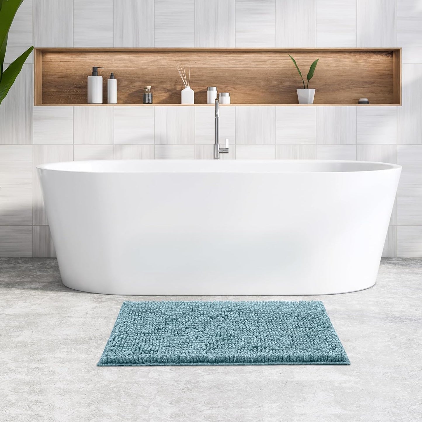 FRESHMINT Chenille Bathroom Rugs Mat 32"x20", Non-Slip Bath Mat for Bathroom Floor & Bathtub, Washable Shower Shag Bath Rugs, Soft Fluffy Thick Water Absorbent Microfiber Shower Mat, Aqua & White
