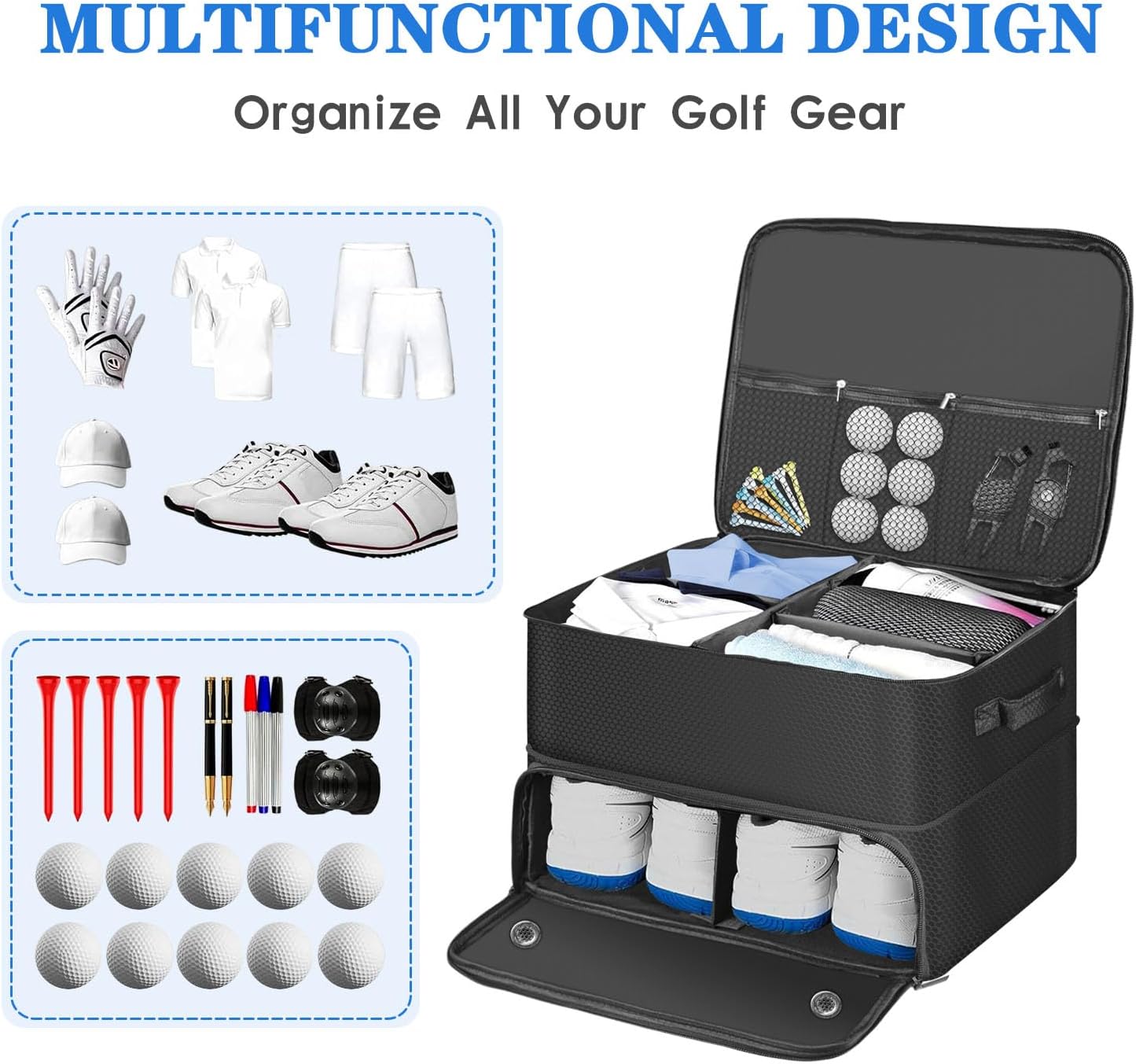 Golf Trunk Organizer for Car, Foldable Golf Storage Box with Ventilated Shoe Compartment, Holds 2 Pair Shoes, Balls, Cap, Gloves, Clothes 17.7x13.3x9.4 inch Car Organizer for Golf Gear (Black)