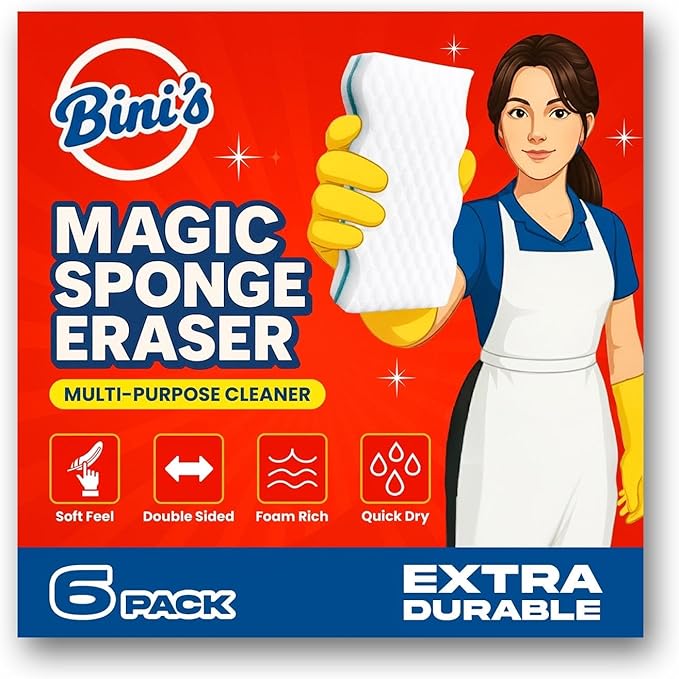 BINI'S Magic Sponge Eraser, Extra Durable, Multi Purpose Cleaner, Shoe, Bathroom, Shower, and Car Window and Windshield Cleaner, Cleaning Pads, 6 Count