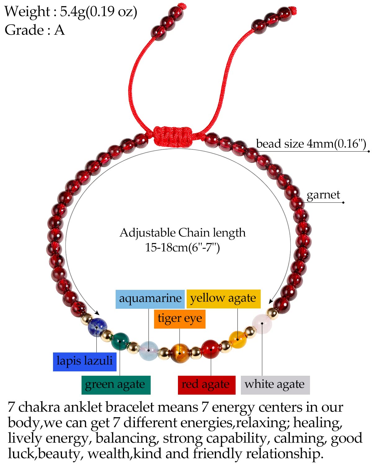Jewever 7 Chakra Bracelets for Women Real Stone Lucky Rope Crystal Bead Bracelet Crystals and Healing Stones Jewelry Birthday Gifts (Garnet)