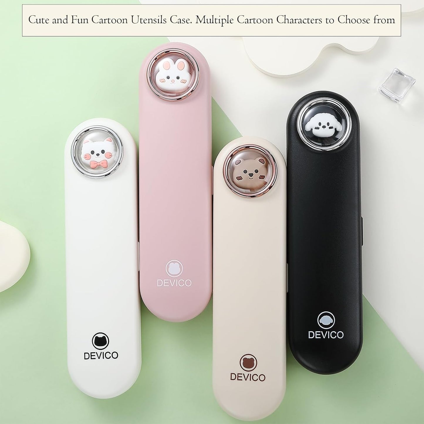 DEVICO Travel Utensils with Case Cute, Reusable Silverware for Lunch, Portable Cutlery Set, 18/8 Stainless Steel Fork Spoon Chopsticks in Cartoon Case, Dishwasher Safe (White)