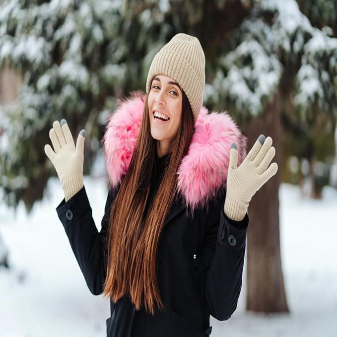 SATINIOR 5 Pcs Winter Beanie Hat Scarf Gloves Set Fleece Lined Knit Hat Warm Touch Screen Gloves Earmuff Warmer for Women(Beige,Fashion Non-fleece Lining)