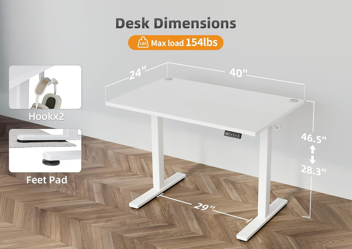 Seang Standing Desk with Adjustable Height, 40x24 Inch Electric Stand Up Desk for Home Office, Studio, Computer Workstation, White Top
