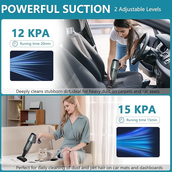 Cordless Handheld Vacuum Cleaner - 15,000PA Powerful Suction, Brushless Motor Car Vacuum for Pets Hair, Portable Cleaner for Cars/Home/Office