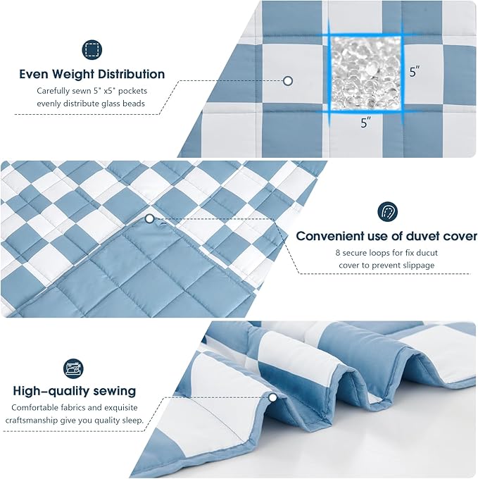 Blue Checkered Weighted Blanket for Adults 12lbs, 48"x72", Twin Full Size Cooling Plaid Heavy Throw Blanket for 110-130lbs, Microfiber Soft Thick Big Blankets Weighted Comforter Gift for Sleeping