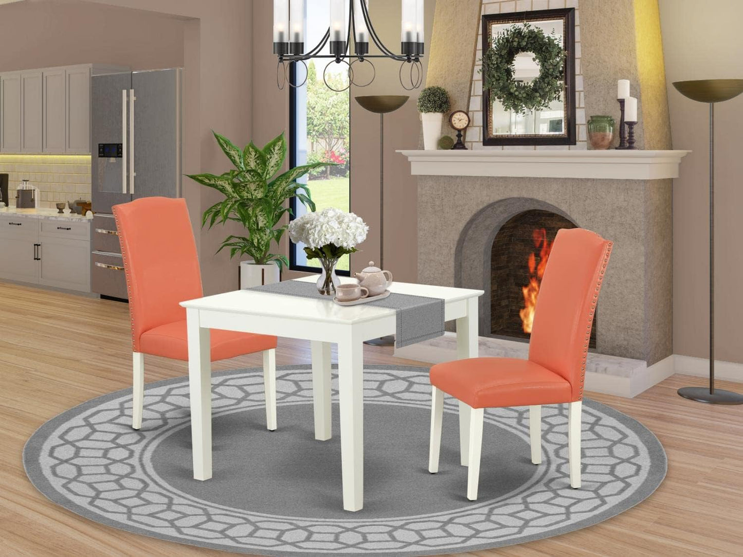 East West Furniture OXEN3-LWH-78 3 Piece Dinette Set for Small Spaces Contains a Square Dining Table and 2 Pink Flamingo Faux Leather Parson Dining Room Chairs, 36x36 Inch, Linen White