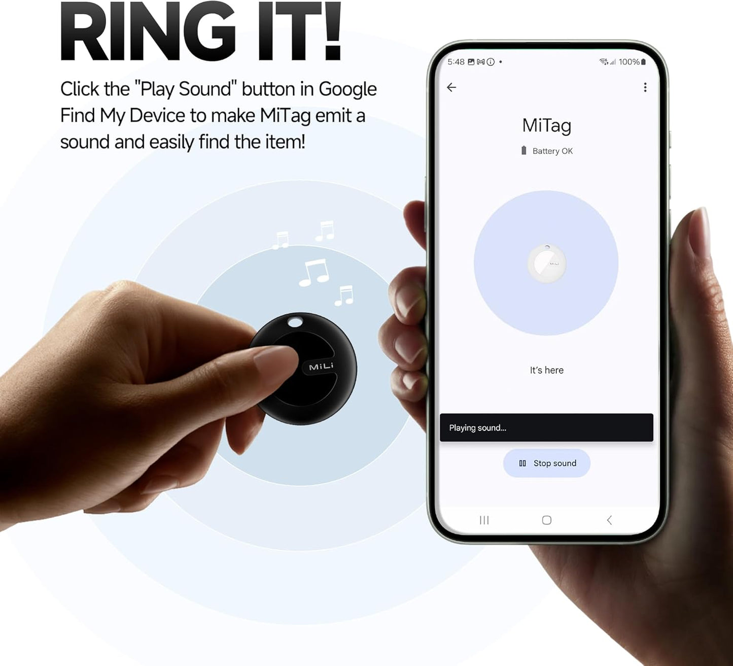 MiLi MiTag Bluetooth Tracker for Android, Google Certified Key Finder/Luggage Tracker/Item Locator, Smart Tracking Tag for Google Find My Device (Find Hub) App, 1 Pack
