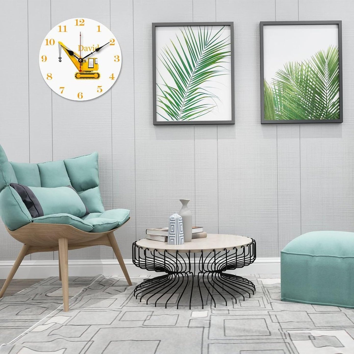 Personalized Crane Truck Kids Wood Wall Clocks Rustic Battery Operated 12 inch Non Ticking Engineering Vehicle Wall Clock for Kids Rooms Boys Girls,Nursery Wall Clock,Custom Kids Clock with Name