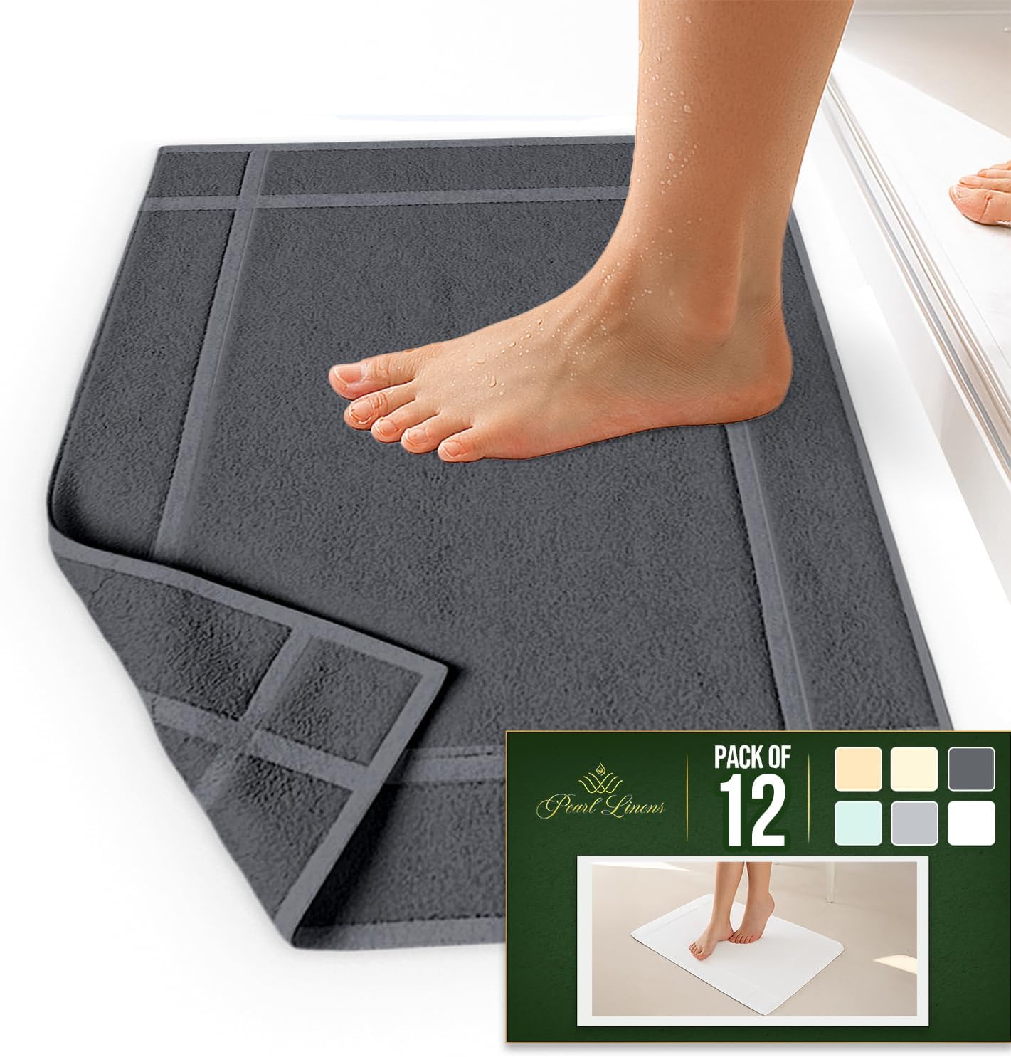 Pearl Linens Pack of 12 Washable Cotton Bath Mat 20x30 - Soft & Absorbent Quick Dry Bathroom Mat Set, Not Bathroom Rugs After Shower Mat, Terry Bath Tubmat, 687 GSM Dark Grey