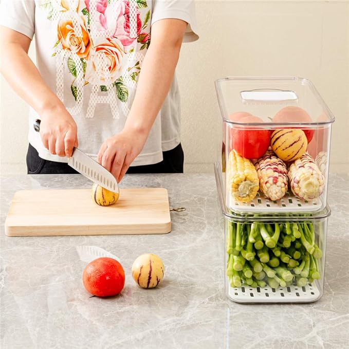 SANNO Produce Saver Refrigerator Organizer Bins with Lids And Removable Drain Tray Food Storage Container Fridge Stackable Freezer Bins For Kitchen Produce Fruit Vegetable (Set of 2)